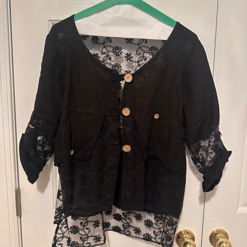 Black Lace Button-Front Sheer Top